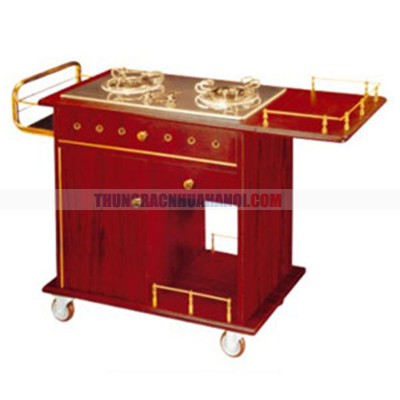 Tủ bếp gas đôi di động bằng gỗ, tay đẩy inox